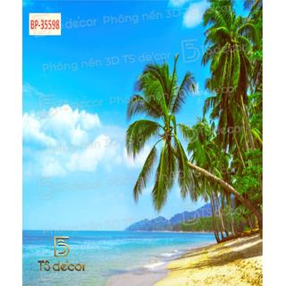 Phông Nền Chụp Ảnh Phong Cảnh Bãi Biển cát trắng, cây dừa xanh mát