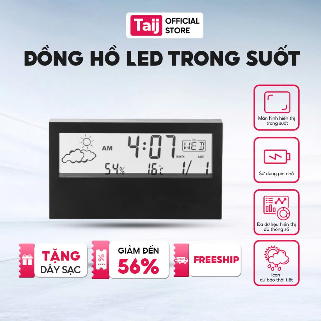 Đồng Hồ Để Bàn Báo Thức Hiển Thị Lịch, Thời Tiết, Đồng Hồ Điện Tử Mini Kỹ Thuật Số