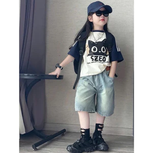 Mèo/ set quần short jean kèm áo phông ngắn tay siêu cá tính cho bé đi học, đi chơi 20-50kg