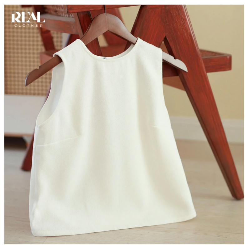 Áo sát nách tweed mè trắng dáng suông cơ bản REAL CLOTHES, đứng dáng, ít nhăn