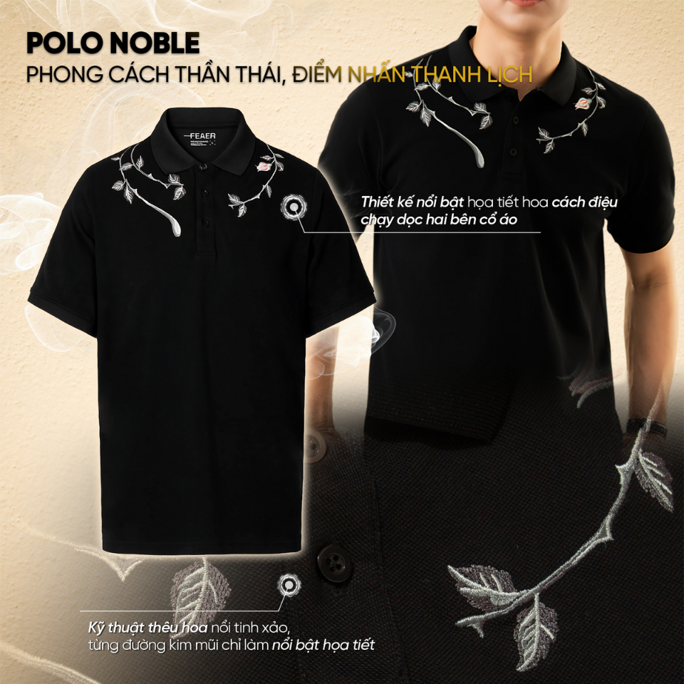 Áo polo nam Noble tay ngắn, cổ bẻ, vải Cotton cao cấp thấm hút tốt, co giãn, họa tiết thêu vai - FEAER