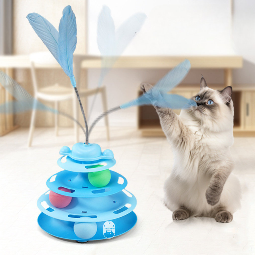Tháp banh 3 tầng kèm đồ chơi lông vũ cho mèo , Bóng bàn xoay cho mèo ...
