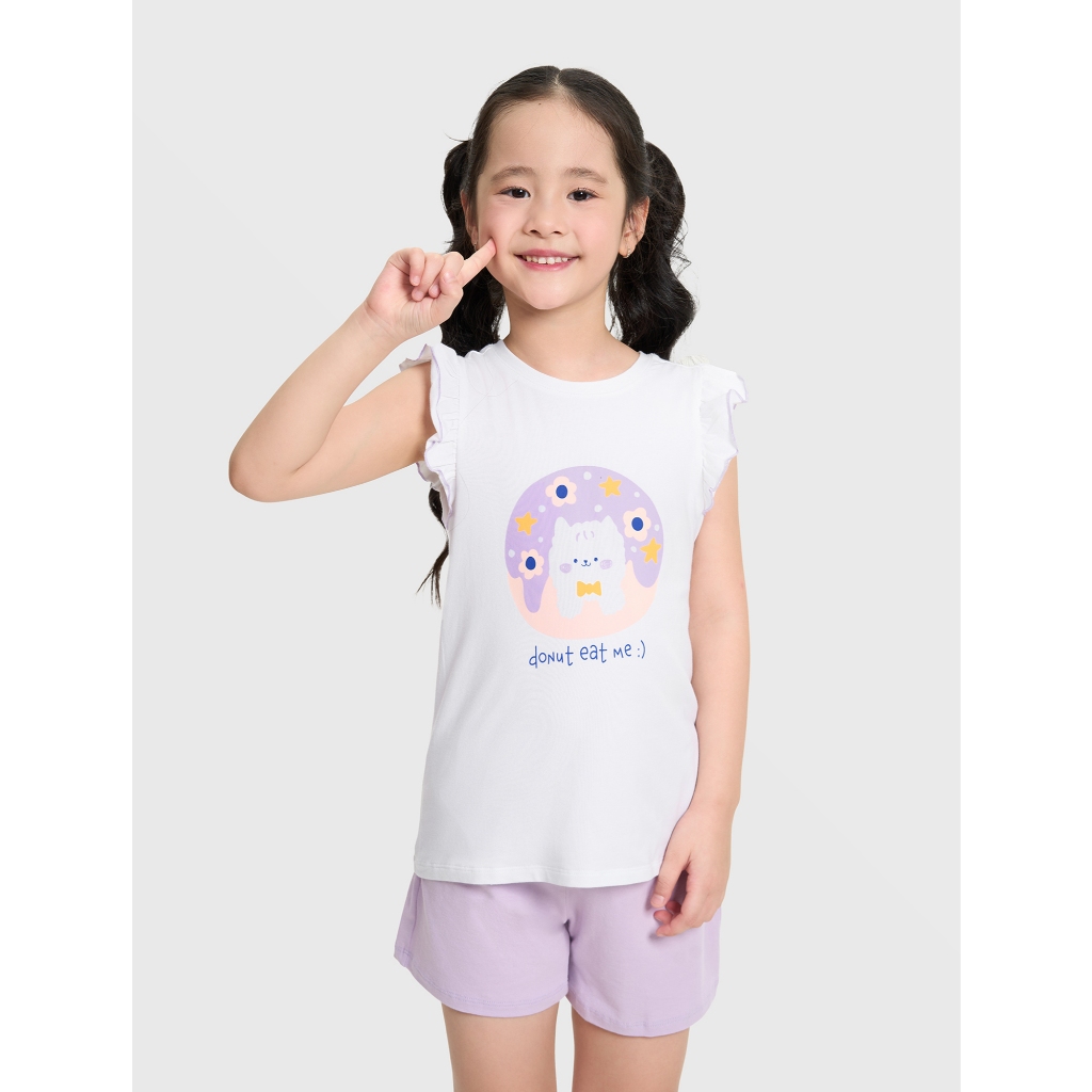 Bộ quần áo bé gái CANIFA áo thun tay bèo in họa tiết quần đùi 1LS25S003