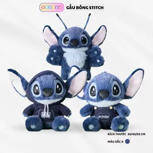 Gấu bông stitch xanh mặc áo khoác yếm bò cute dễ thương, Stitch nhập khẩu lông dài cao cấp mẫu mới, Bobesu