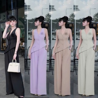 Set vest sát nách áo tà xéo đính hoa quần ống suông tặng hoa tai mm 2025