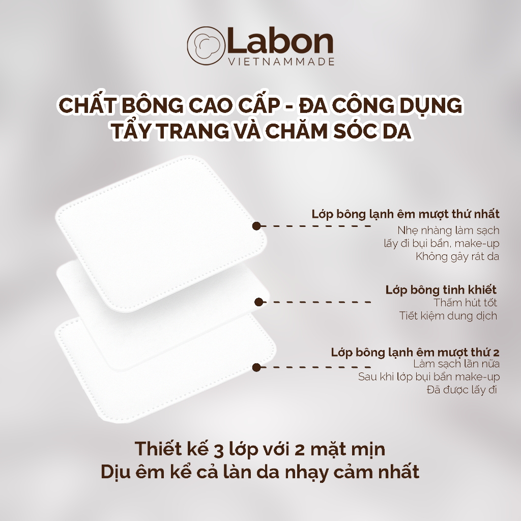 [TẶNG TÚI NỈ LABON CAO CẤP] Combo 5 gói bông tẩy trang vuông Labon sạch sâu sạch sâu, mềm mịn Cotton Pad 150 miếng/gói