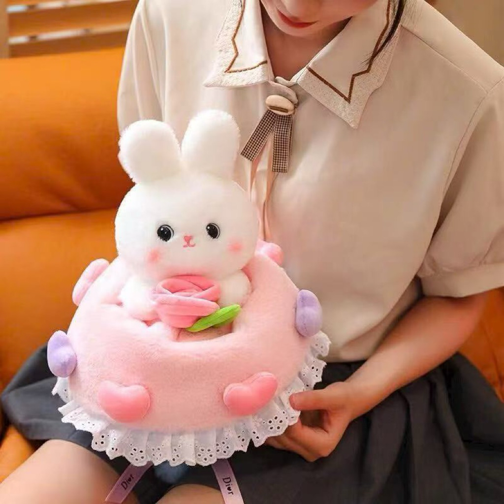 Bó hoa thỏ bằng bông có kèm túi và đèn nháy hình cute đáng yêu