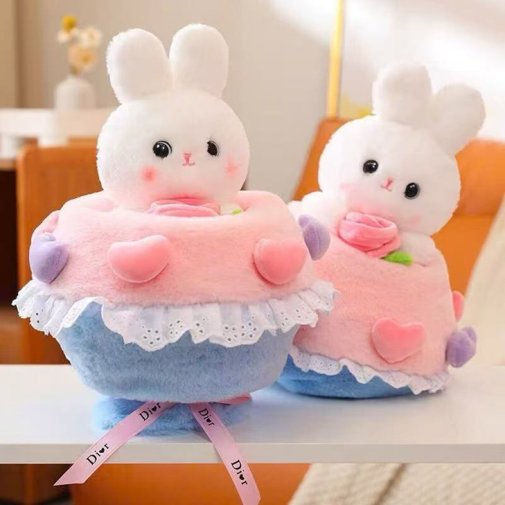 Bó hoa thỏ bằng bông có kèm túi và đèn nháy hình cute đáng yêu