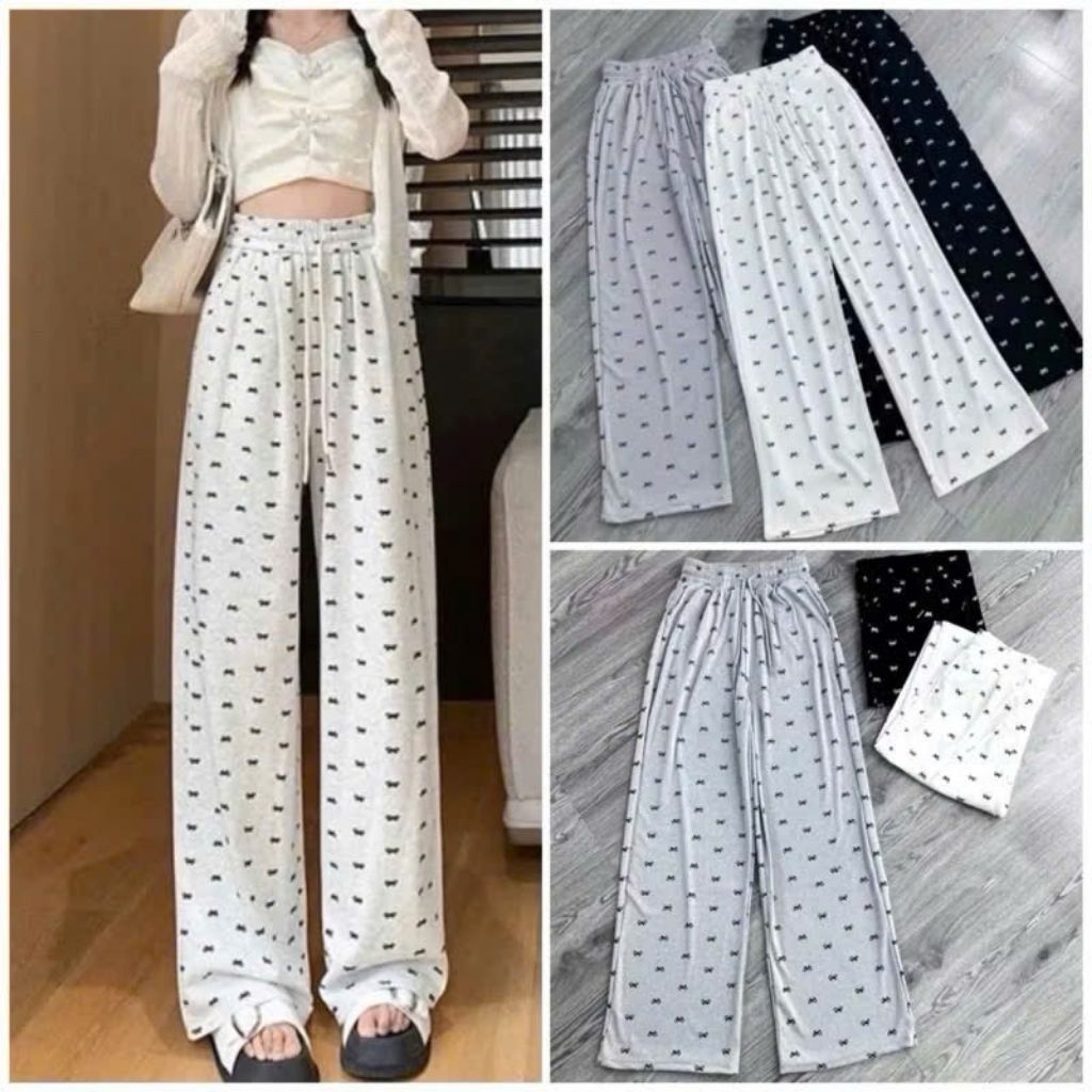 Quần Suông Ống Rộng Họa Tiết nơ xinh mát mẻ, Quần nữ suông cạp cao lưng chun dáng rộng