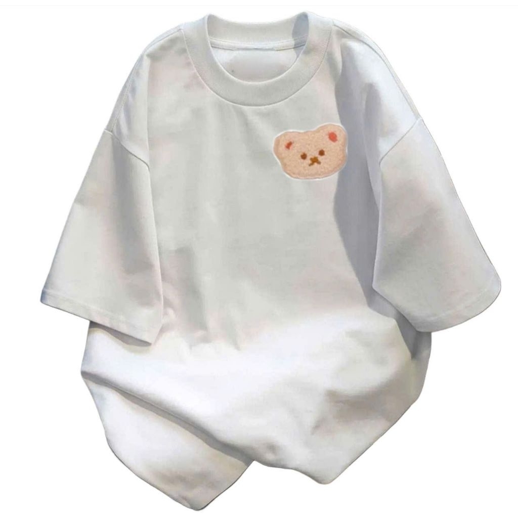 Áo phông form rộng tay lỡ chất vải cotton- in hình gấu ngực