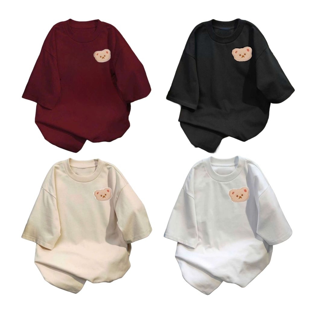 Áo phông form rộng tay lỡ chất vải cotton- in hình gấu ngực