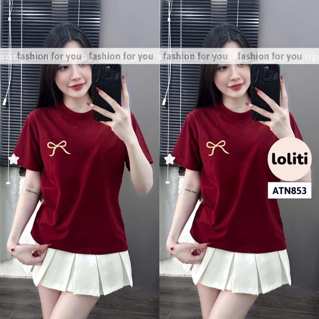 Áo phông form rộng tay lỡ chất vải cotton- nơ an pha in ngực