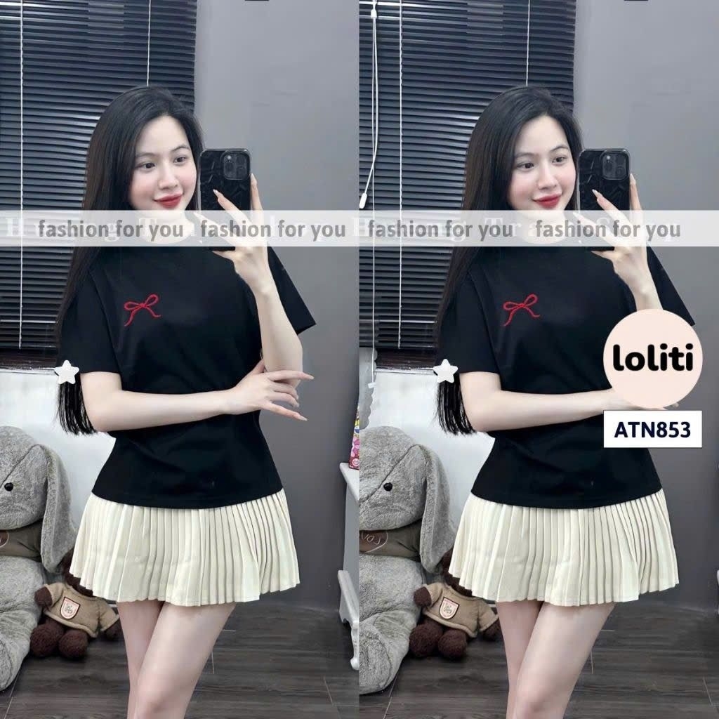 Áo phông form rộng tay lỡ chất vải cotton- nơ an pha in ngực