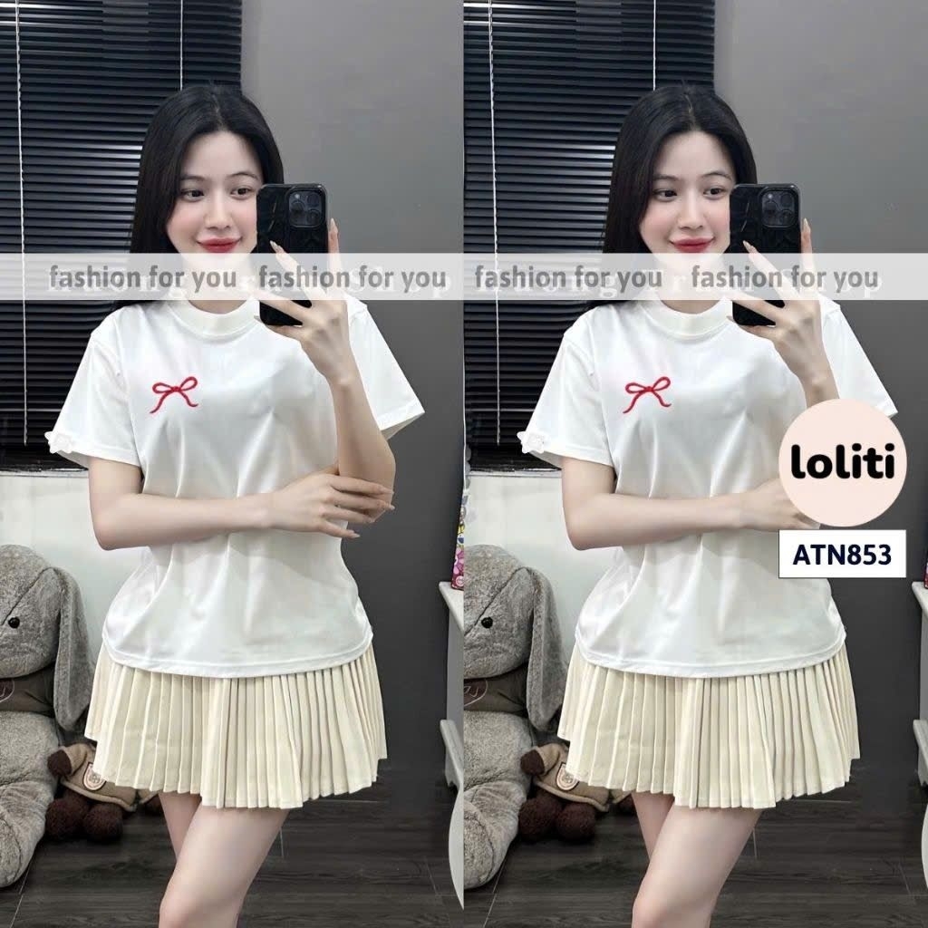 Áo phông form rộng tay lỡ chất vải cotton- nơ an pha in ngực