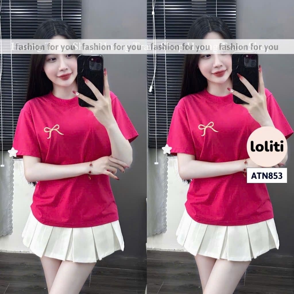 Áo phông form rộng tay lỡ chất vải cotton- nơ an pha in ngực