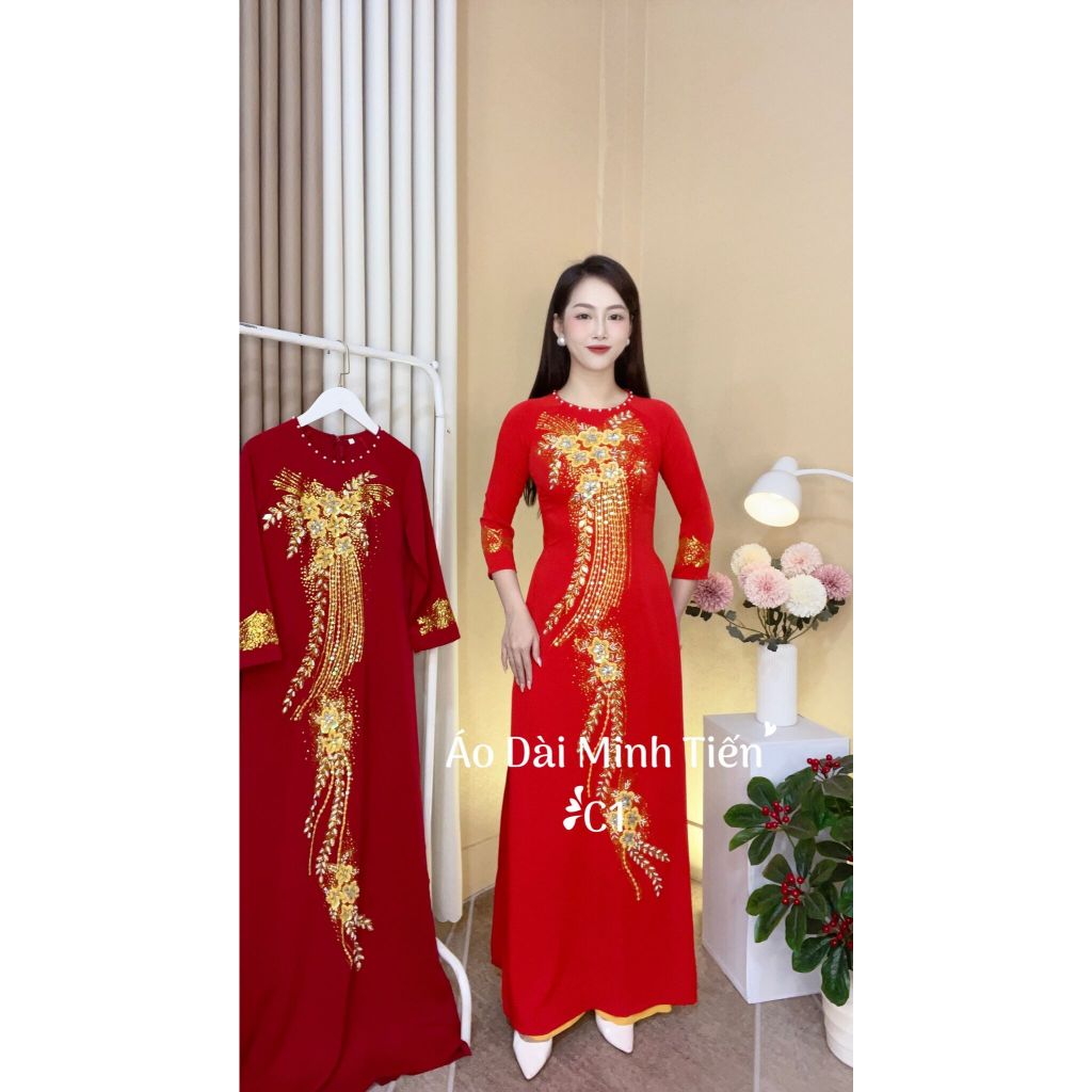 Áo Dài Chất Liệu Lụa Mỹ Cao Cấp Họa Tiết Đính Kết Đá + May Thủ Công Tỉ Mỉ - Mã C1 Cổ Tròn Đỏ Tươi