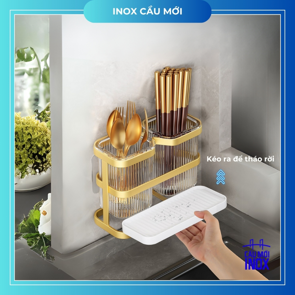 Ống đựng đũa muỗng để bàn/treo tường, khung thép carbon vuông chắc chắn, chịu lực 10kg cho nhà bếp