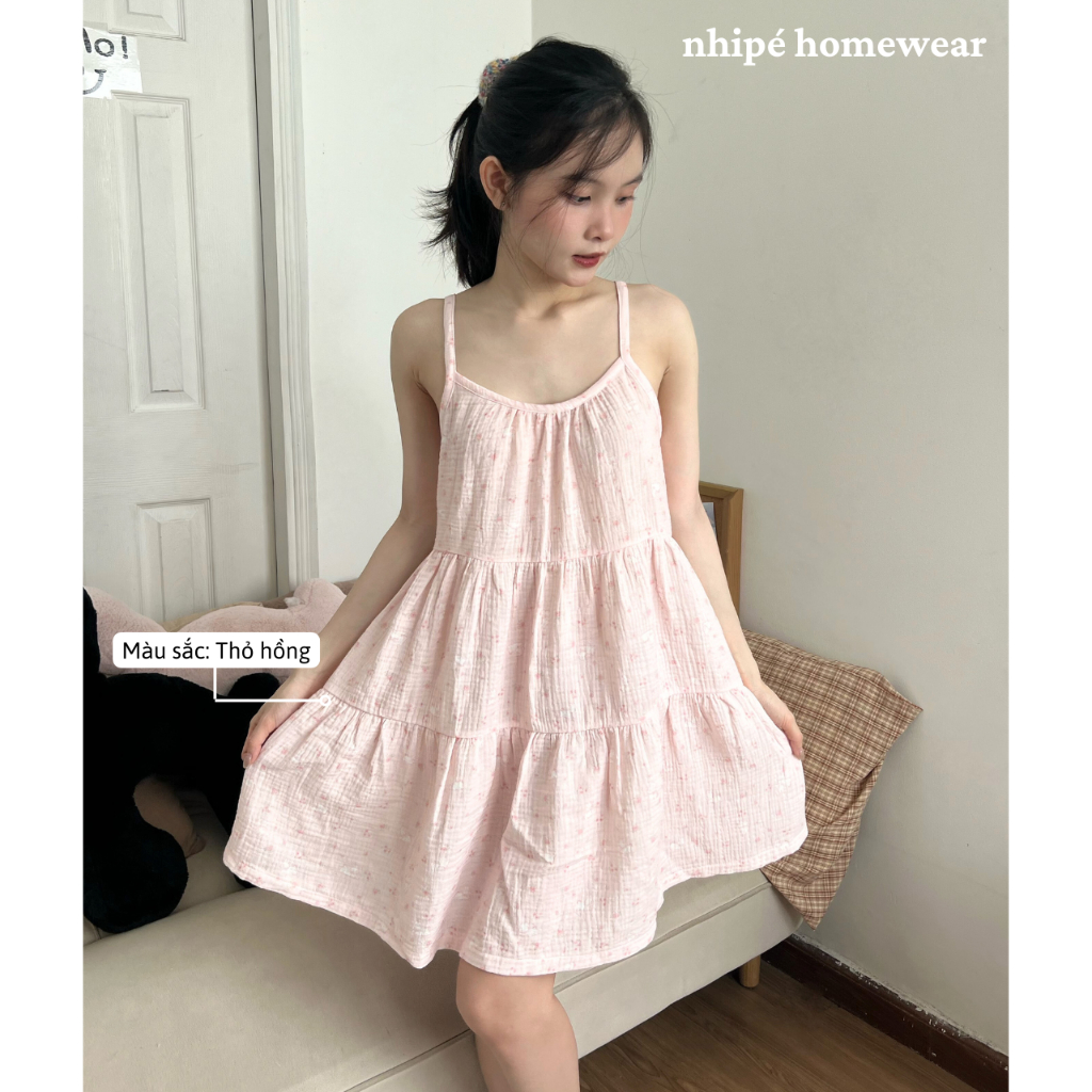 Đầm ngắn 2 dây nữ xô muslin nhipé homewear 3 tầng xòe mặc nhà mặc ngủ chất liệu xô cao cấp thoáng mát họa tiết dễ thương