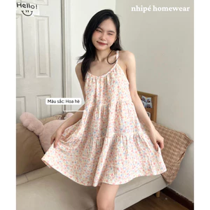 Đầm ngắn 2 dây nữ xô muslin nhipé homewear 3 tầng xòe mặc nhà mặc ngủ chất liệu xô cao cấp thoáng mát họa tiết dễ thương