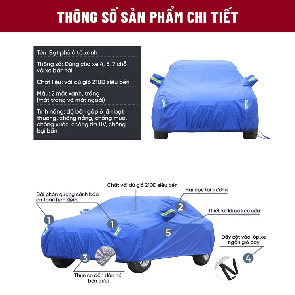 Bạt phủ ô tô chống nắng mưa vải dù, bạt phủ trùm xe hơi phủ nano bền đẹp phù hợp cho các dòng xe bạt xanh