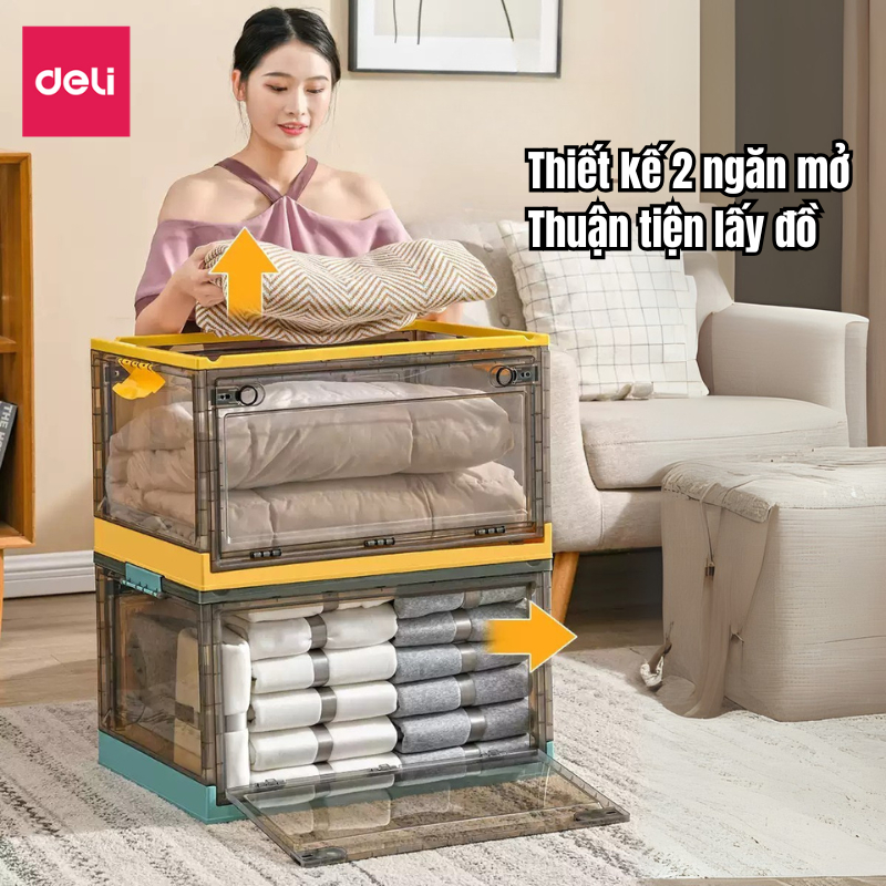 Hộp đựng đồ gấp gọn đồ chơi, sách vở, quần áo chăn màn cỡ lớn 86L nhựa đa năng Deli có bánh xe có thể xếp chồng tháo lắp