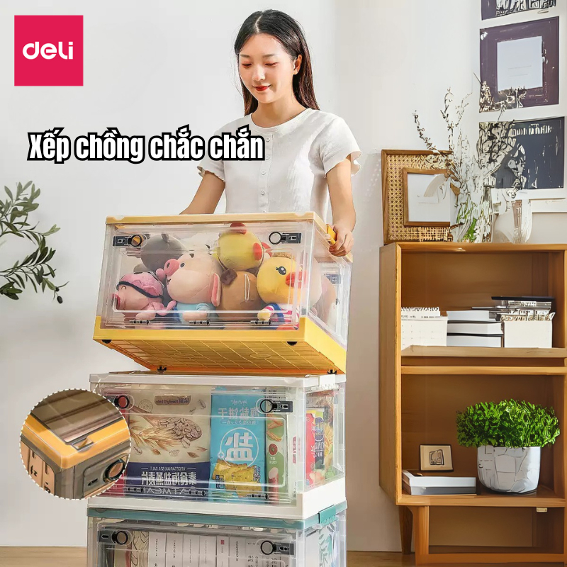 Hộp đựng đồ gấp gọn đồ chơi, sách vở, quần áo chăn màn cỡ lớn 86L nhựa đa năng Deli có bánh xe có thể xếp chồng tháo lắp