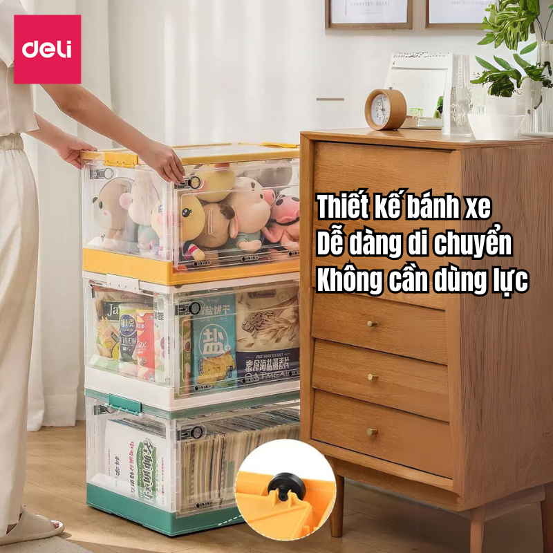 Hộp đựng đồ gấp gọn đồ chơi, sách vở, quần áo chăn màn cỡ lớn 86L nhựa đa năng Deli có bánh xe có thể xếp chồng tháo lắp