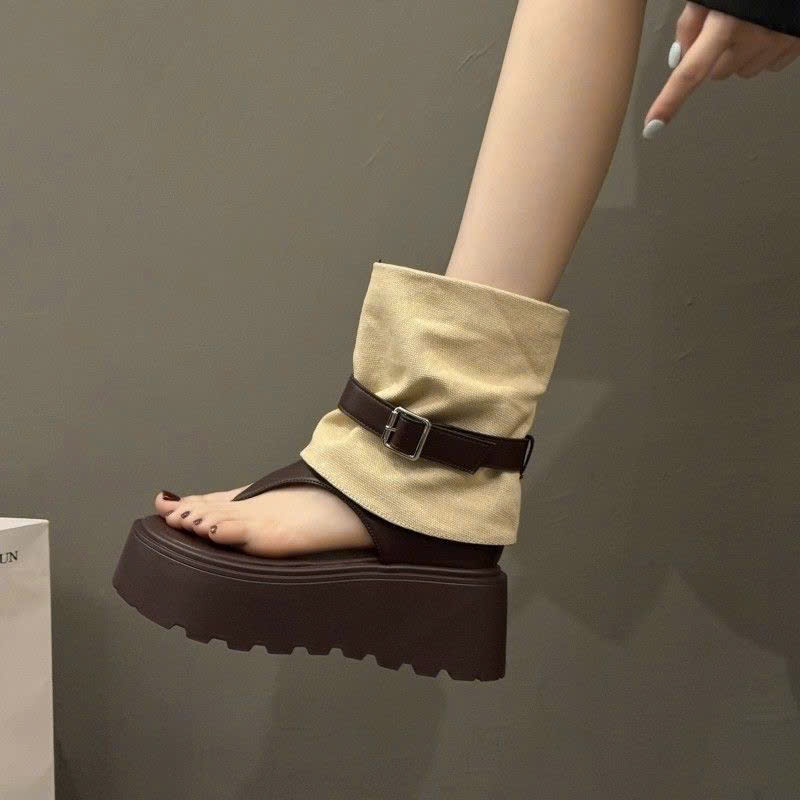 (Sẵn đen 38) Dép Sandal Ống Cao Sành Điệu Đế Độn 7cm Kiểu La Mã Mùa Hè 2025