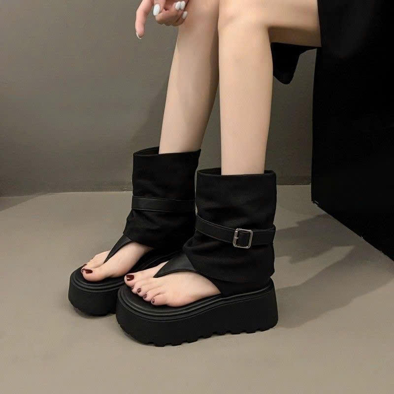 (Sẵn đen 38) Dép Sandal Ống Cao Sành Điệu Đế Độn 7cm Kiểu La Mã Mùa Hè 2025