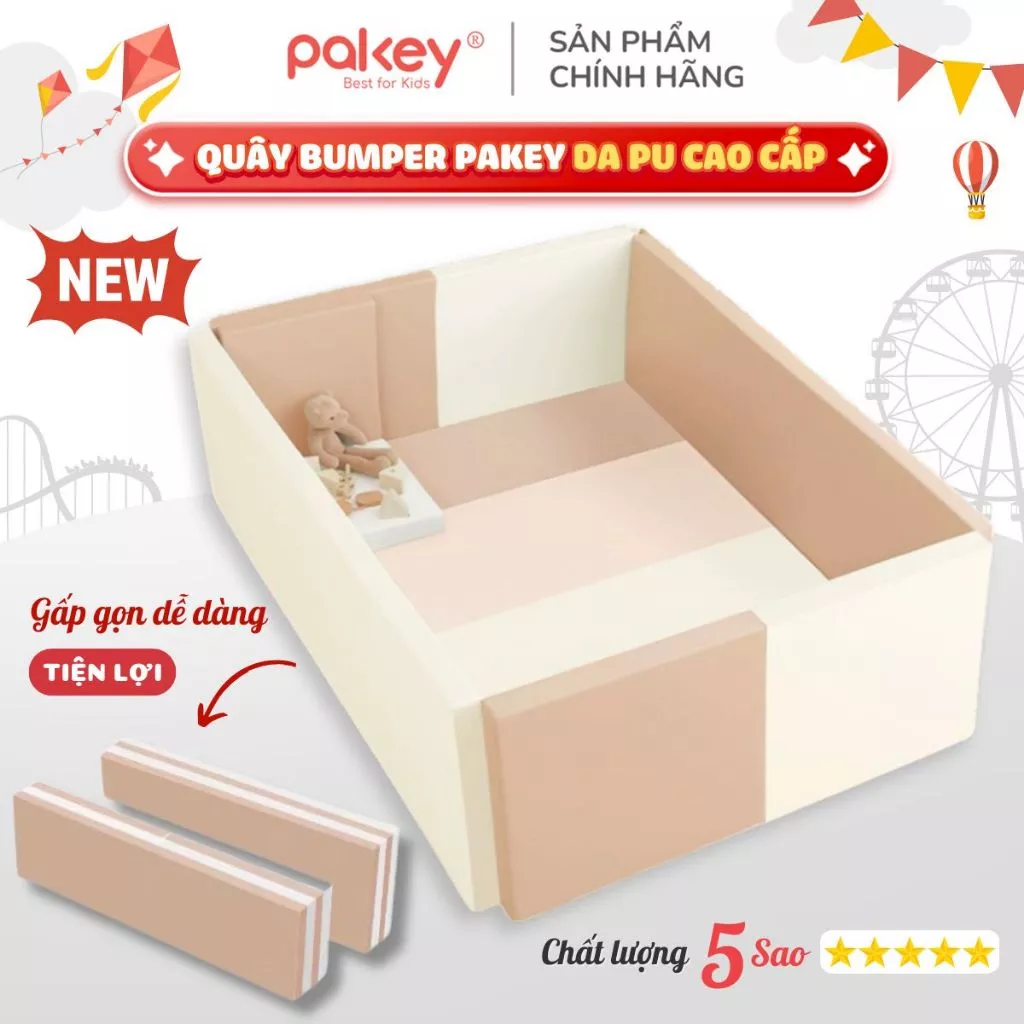 Quây Pakey Bumper Da PU Cao Cấp Cho Bé, Bumper Bed Dày Dặn Cao Đến 60cm Vải Da Chống Bám Bẩn, Chống Thấm Nước