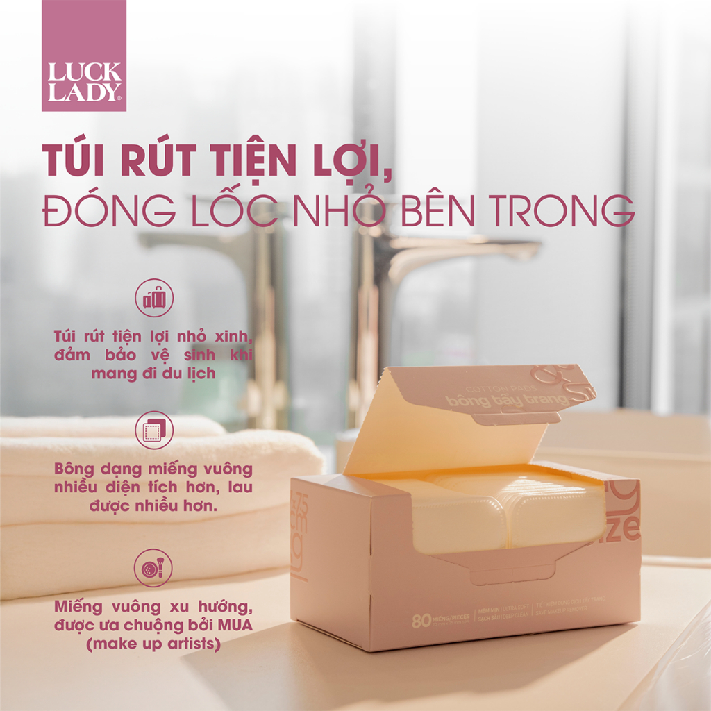 Bông tẩy trang Luck Lady cao cấp dạng hộp giấy 80 miếng/hộp, kích thước bông 7x7,5cm,mềm mịn, làm sạch da,an toàn cho da