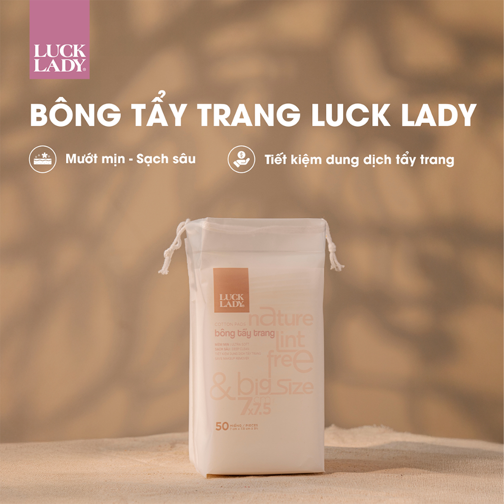 Combo 6 túi bông tẩy trang Luck Lady cao cấp dạng túi rút nhỏ gọn mang đi du lịch 50 miếng/túi, kích thước bông 7x7,5cm