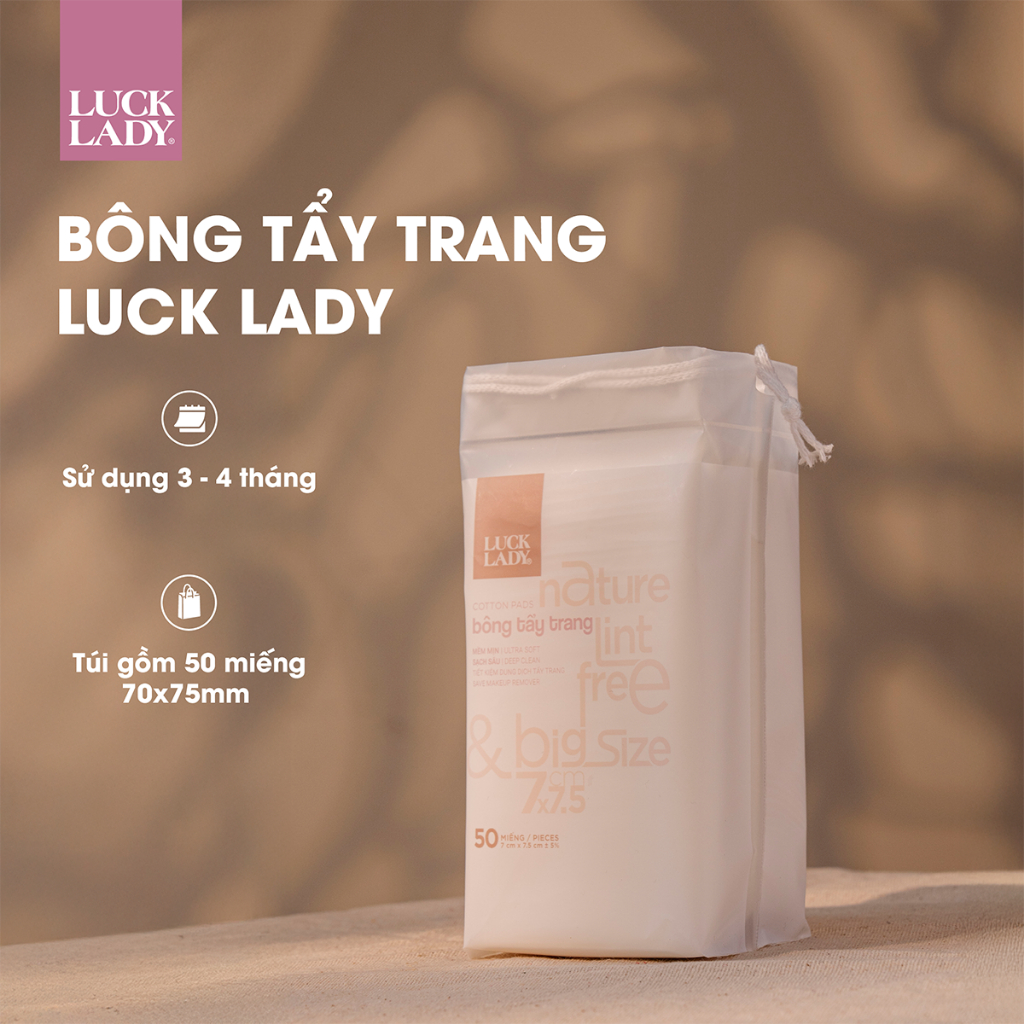 Combo 6 túi bông tẩy trang Luck Lady cao cấp dạng túi rút nhỏ gọn mang đi du lịch 50 miếng/túi, kích thước bông 7x7,5cm