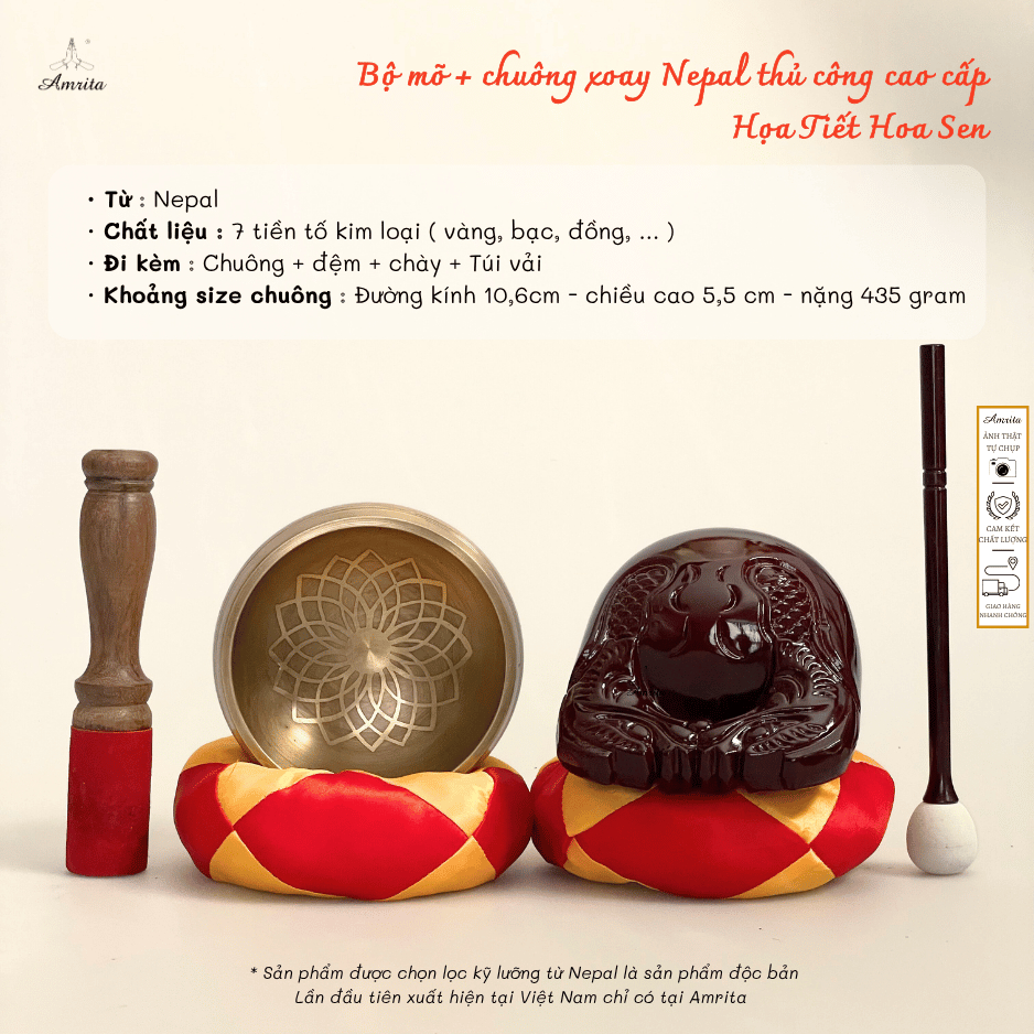 [Amrita] Bộ mõ + chuông xoay Nepal thủ công cao cấp  Họa Tiết Hoa Sen - CXNP46