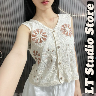LT - Áo len nữ sát nách tanktop len đan mix vải thô boi hoa thêu siêu mềm mát 1035