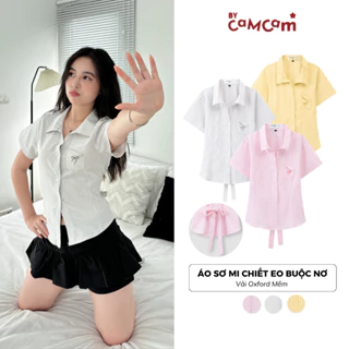 Áo Sơ Mi Chiết Eo 𝑩𝒚𝒄𝒂𝒎𝒄𝒂𝒎 Buộc Nơ Có Túi Ngực Dành Cho Nữ Phong Cách Hàn Quốc