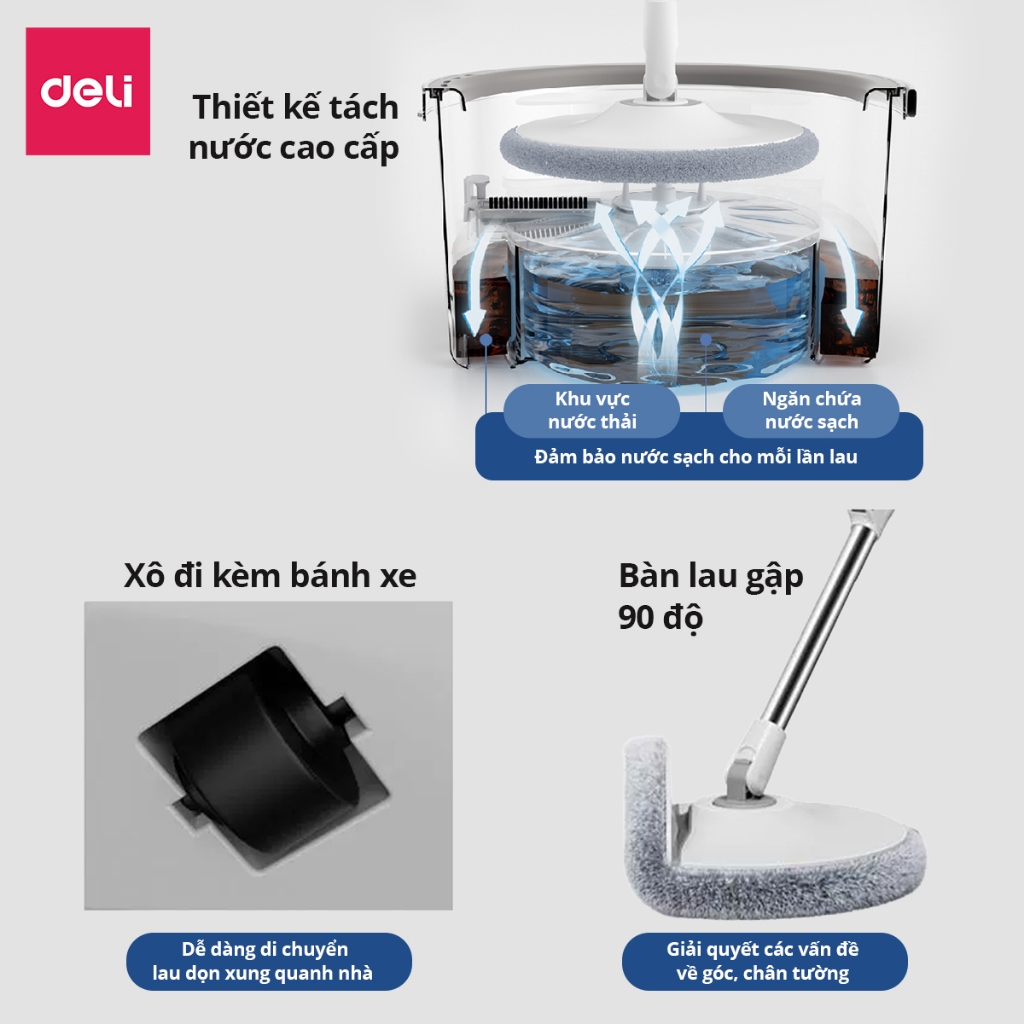 [TẶNG 3 BÔNG LAU] Bộ Cây Lau Nhà Tách Nước Bẩn Deli Gập 90 Độ Có Thùng Lau Nhà Tự Vắt Thông Minh, Chổi Lau Nhà 360 Độ