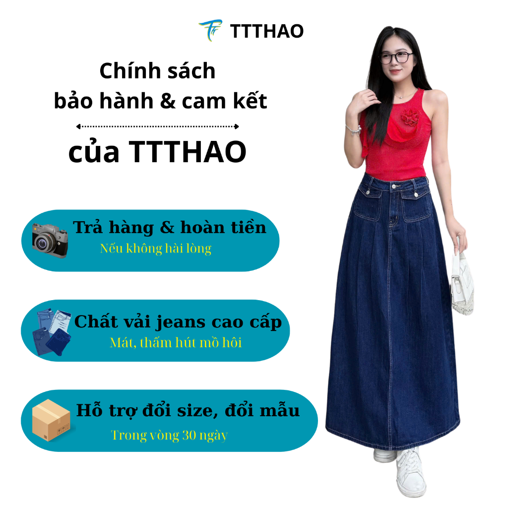 Chân váy jeans TTTHAO cao cấp thiết kế 2 túi trước kiểu dáng váy jeans VNXK J10