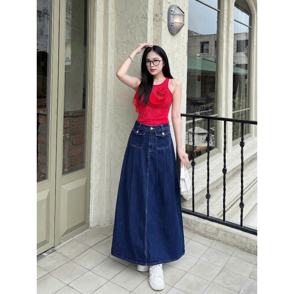 Chân váy jeans TTTHAO cao cấp thiết kế 2 túi trước kiểu dáng váy jeans VNXK J10