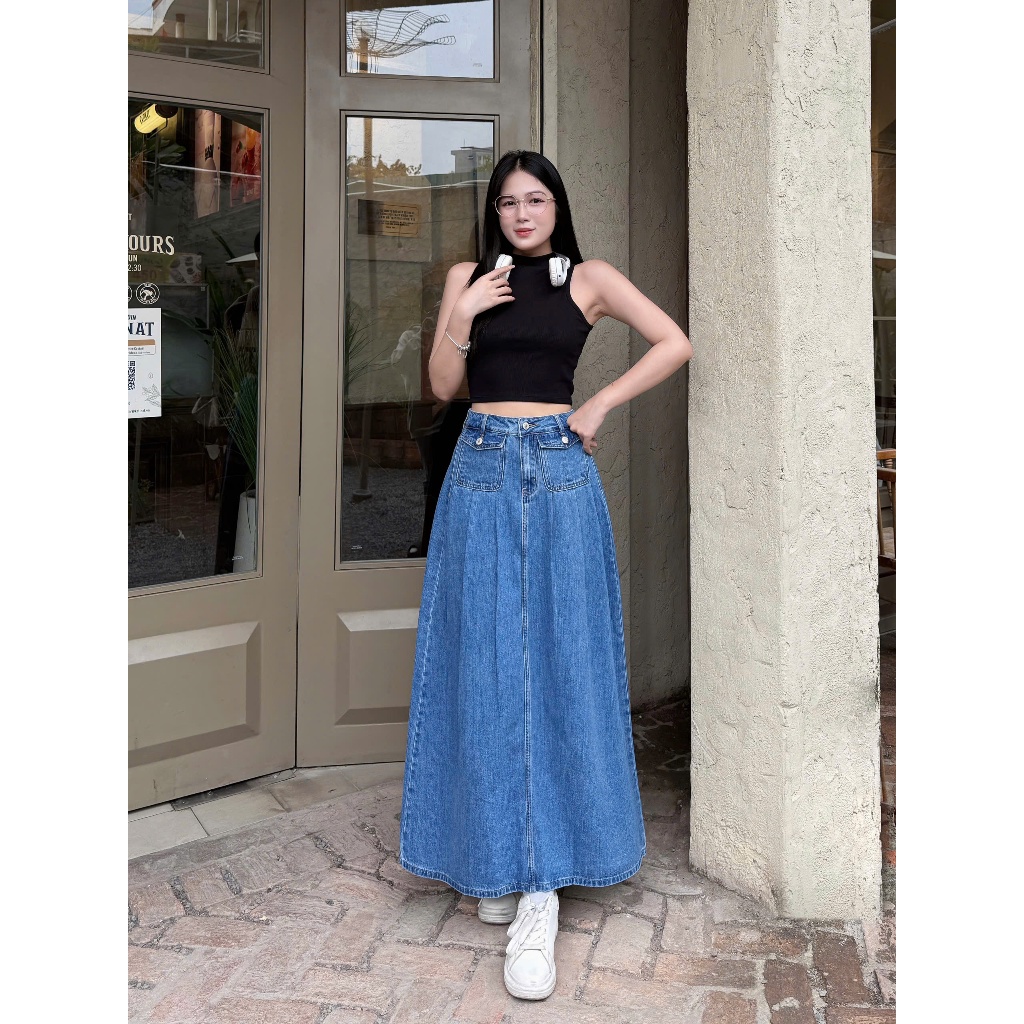 Chân váy jeans TTTHAO cao cấp thiết kế 2 túi trước kiểu dáng váy jeans VNXK J10