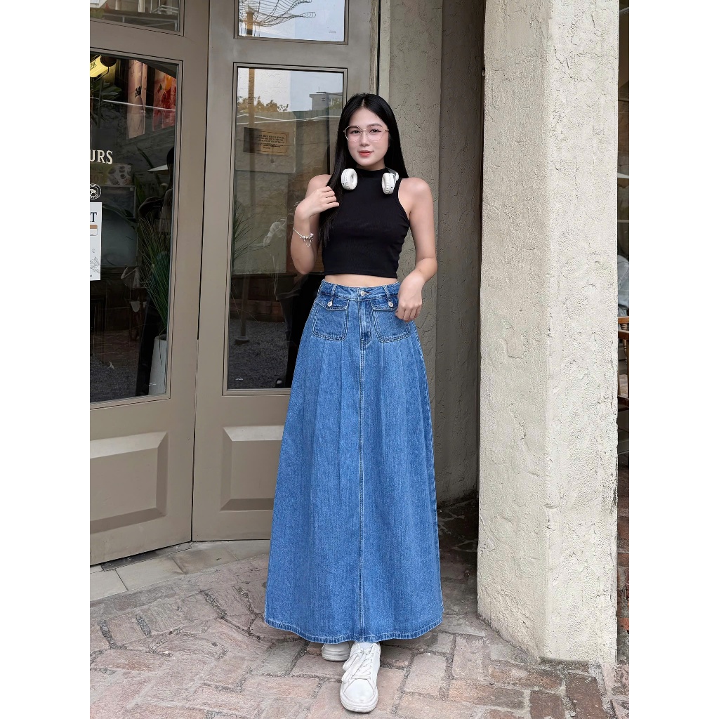 Chân váy jeans TTTHAO cao cấp thiết kế 2 túi trước kiểu dáng váy jeans VNXK J10