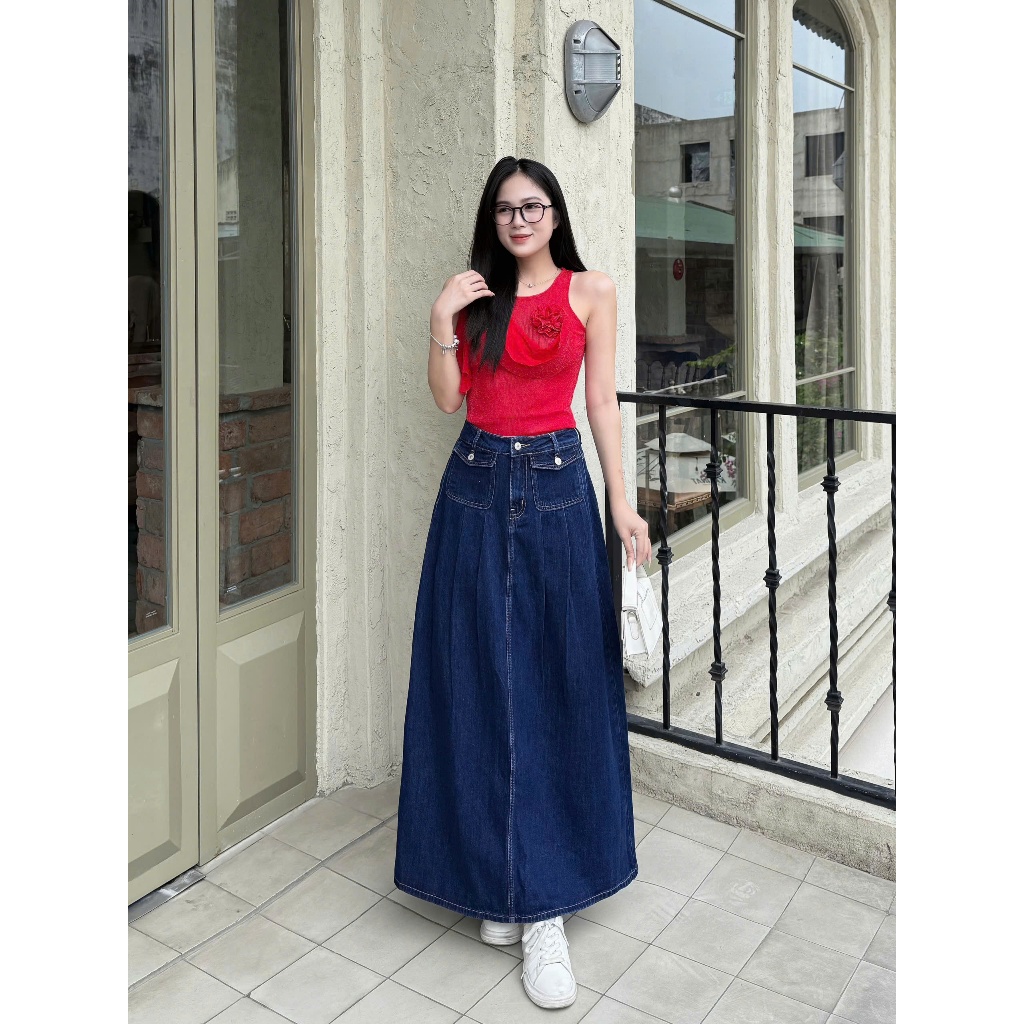 Chân váy jeans TTTHAO cao cấp thiết kế 2 túi trước kiểu dáng váy jeans VNXK J10