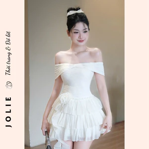 Đầm Xòe Ngắn Trễ Vai Phối Bèo Tầng và Hoa 3D