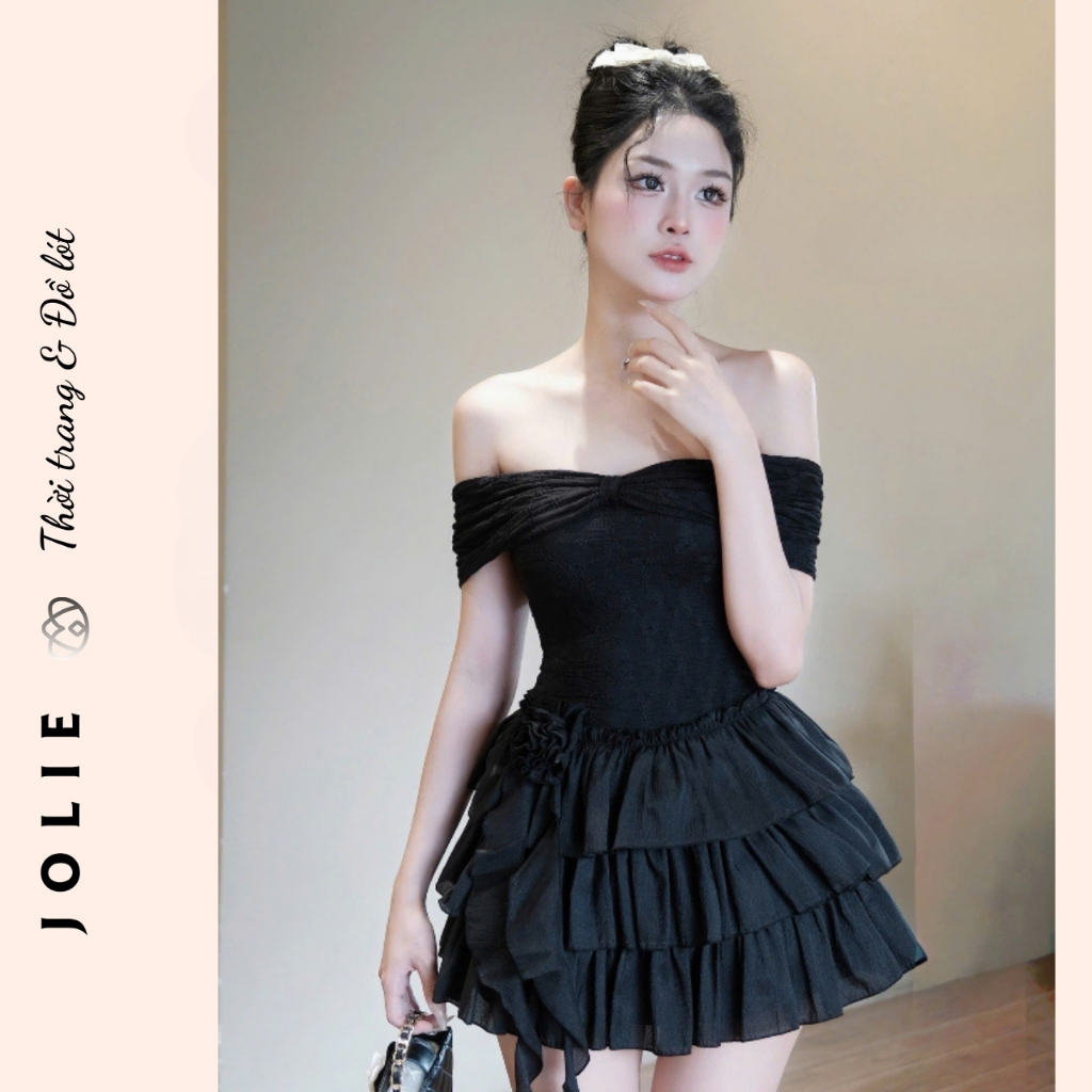 Đầm Xòe Ngắn Trễ Vai Phối Bèo Tầng và Hoa 3D