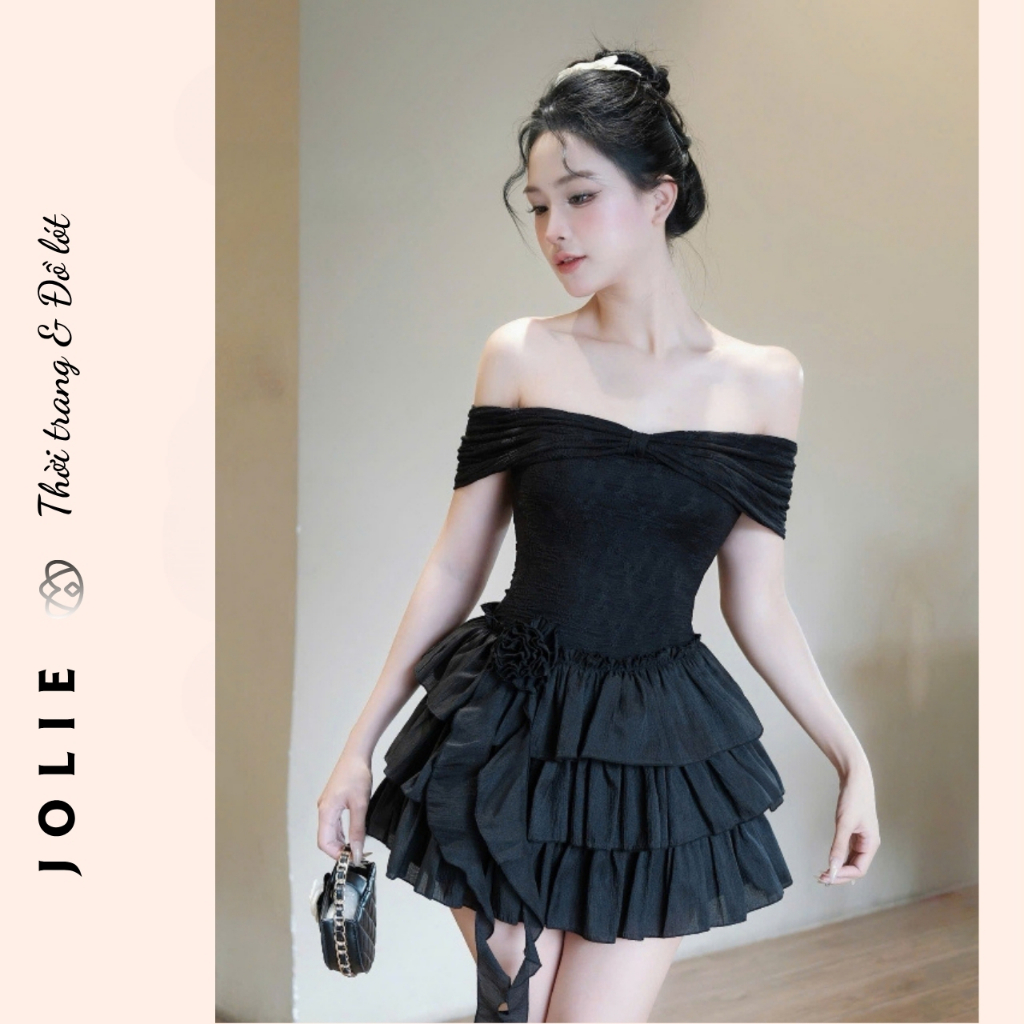 Đầm Xòe Ngắn Trễ Vai Phối Bèo Tầng và Hoa 3D