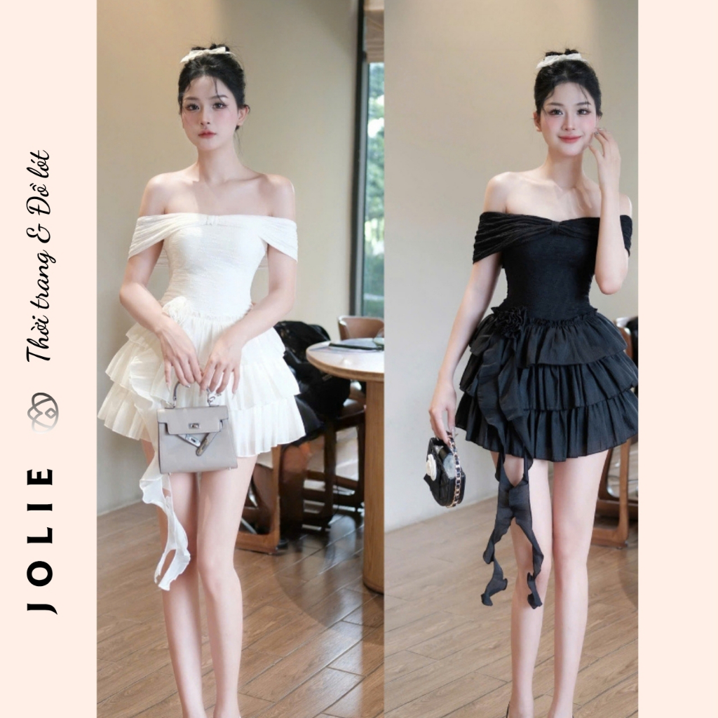 Đầm Xòe Ngắn Trễ Vai Phối Bèo Tầng và Hoa 3D