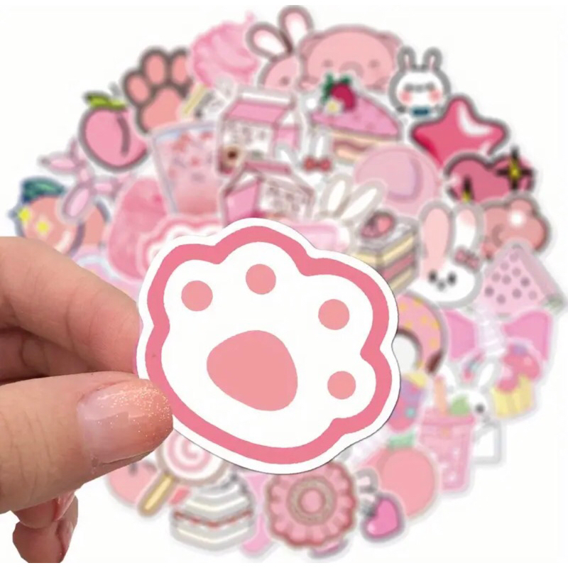 Set 60 sticker các vật dụng màu hồng siêu siêu dễ thương trang trí sổ tay note book laptop mũ bảo hiểm chống nước tốt