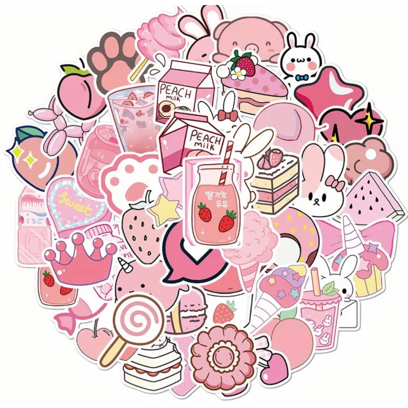 Set 60 sticker các vật dụng màu hồng siêu siêu dễ thương trang trí sổ tay note book laptop mũ bảo hiểm chống nước tốt