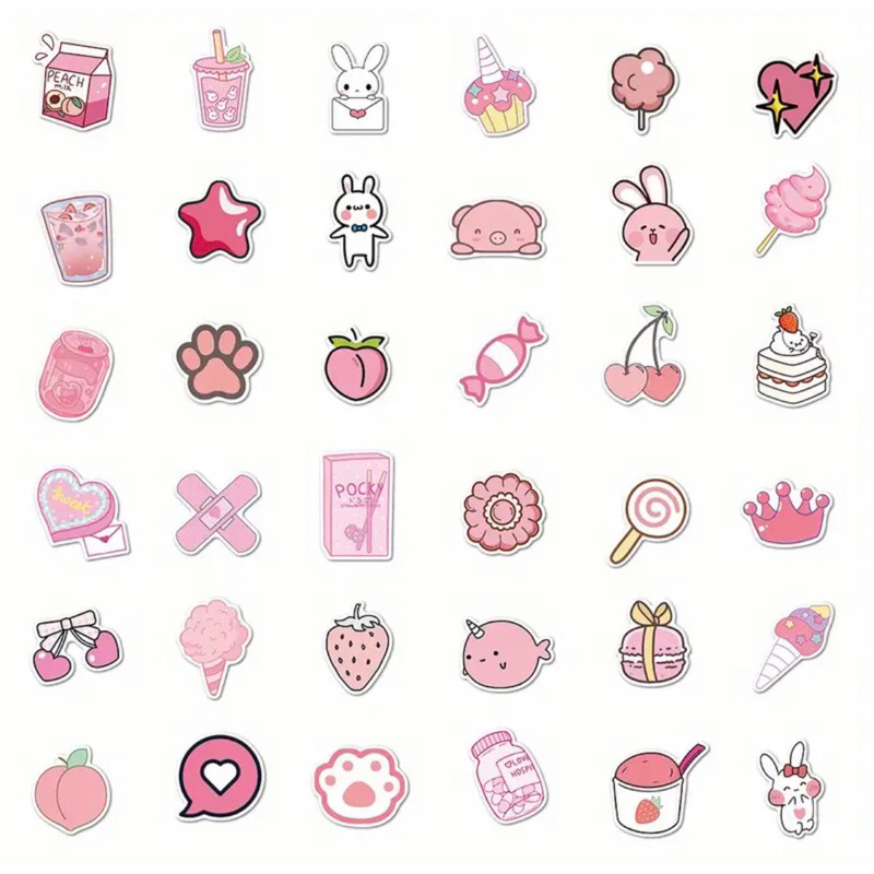 Set 60 sticker các vật dụng màu hồng siêu siêu dễ thương trang trí sổ tay note book laptop mũ bảo hiểm chống nước tốt