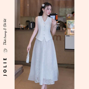 Set Áo Gile Peplum & Chân Váy Xòe Dài Phối Ren Họa Tiết